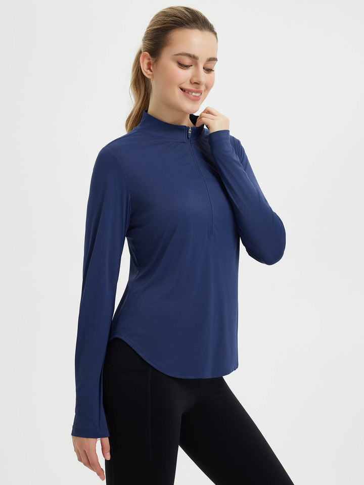 Maglia fitness donna outdoor, protezione solare, fori pollici, versatile per ogni allenamento.