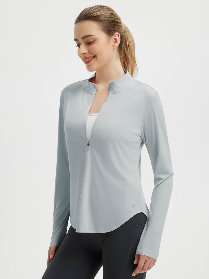 Maglia donna outdoor, mezza zip, maniche lunghe, fori pollici, protezione UV per attività intense.