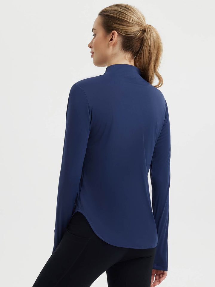 Maglia donna maniche lunghe con orlo arrotondato, fori pollici, mezza zip, per sport e comfort.