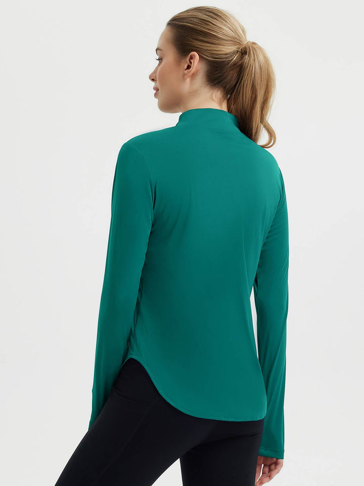 Maglia sportiva donna, mezza zip, fori pollici, orlo arrotondato, adatta a ogni tipo di movimento.