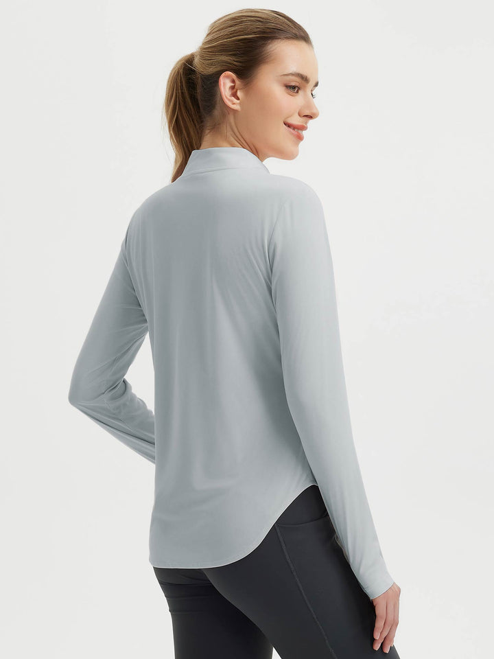 Maglia escursionismo tecnica donna, maniche lunghe, orlo arrotondato, fori pollici, mezza zip.