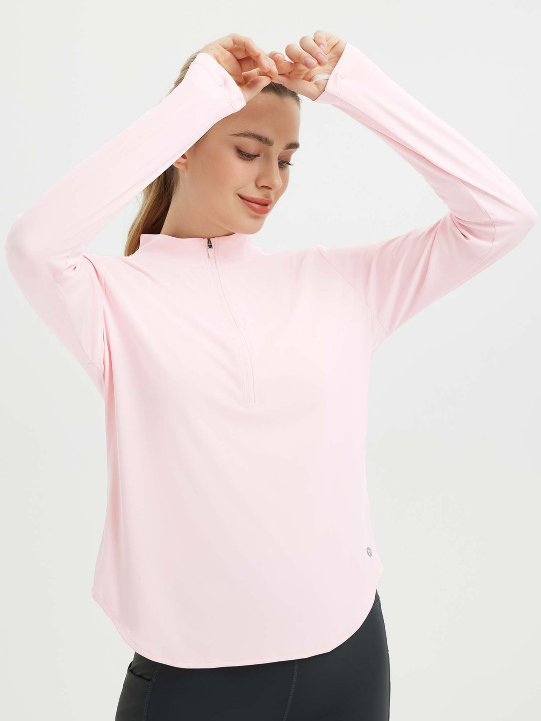 Maglia running donna protettiva, maniche lunghe, fori pollici, mezza zip, per tutte le stagioni.