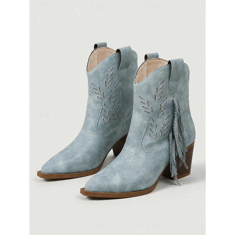 Stivaletti western viola donna, calzature sintetiche con nappe, punta affusolata e tacco largo.