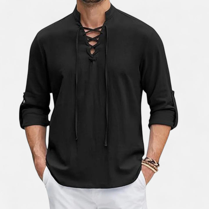 Camicia casual uomo maniche lunghe, look bohémien/vichingo, perfetta per un tocco unico e alternativo.