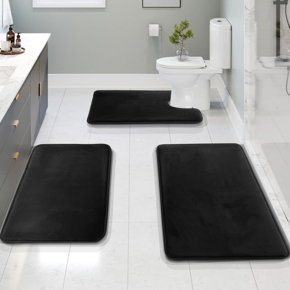 Tappetini bagno in memory foam vellutato, set 3 pezzi antiscivolo e lavabile per comfort bagno.