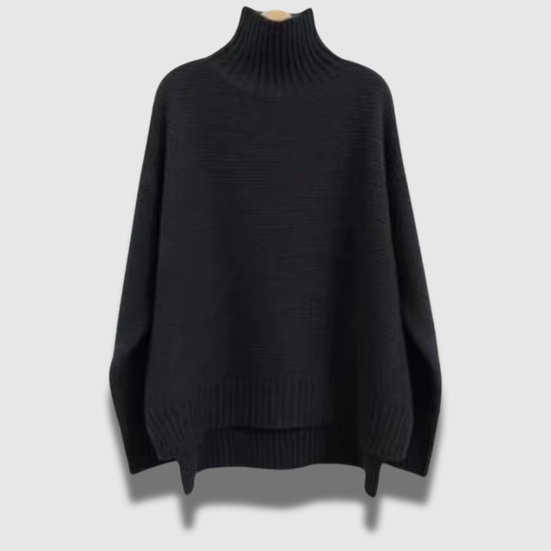 Moda donna: maglione invernale oversize a collo alto. Perfetto per outfit casual ed eleganti nelle giornate fredde.