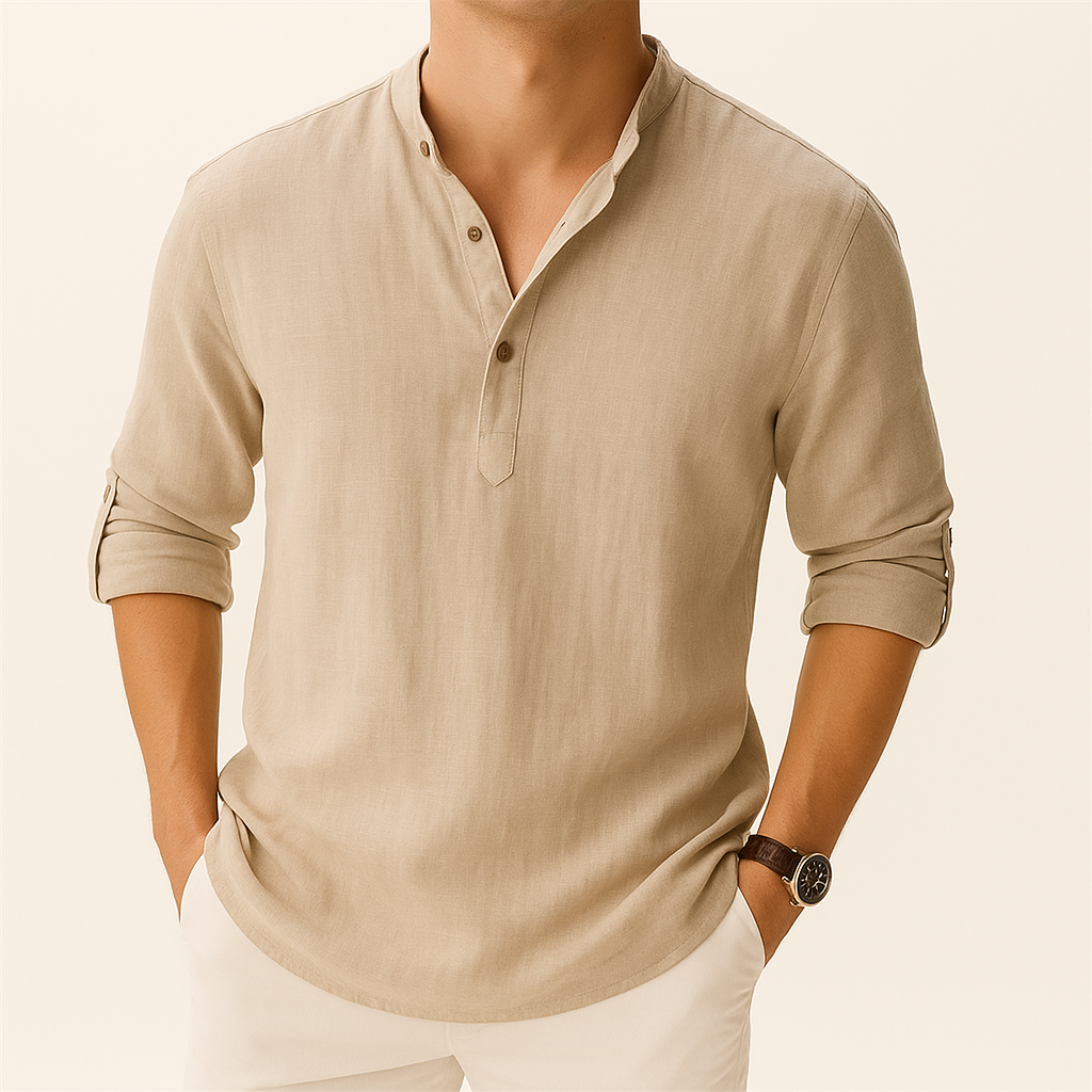 Camicia uomo a maniche lunghe, taglio comodo e leggero. Perfetta per la moda uomo estiva e casual.