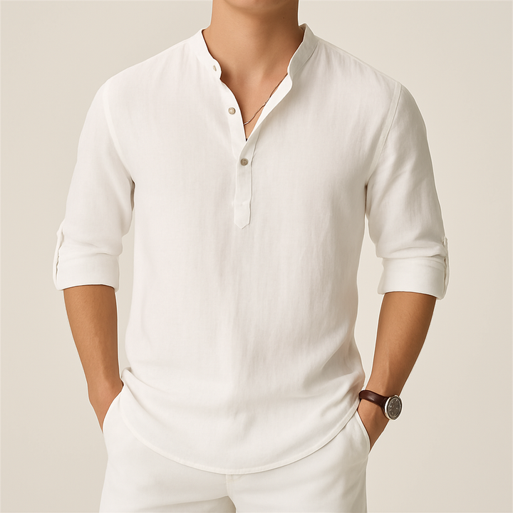 Camicia uomo casual a maniche lunghe in tessuto leggero e traspirante, ideale per la moda estiva.