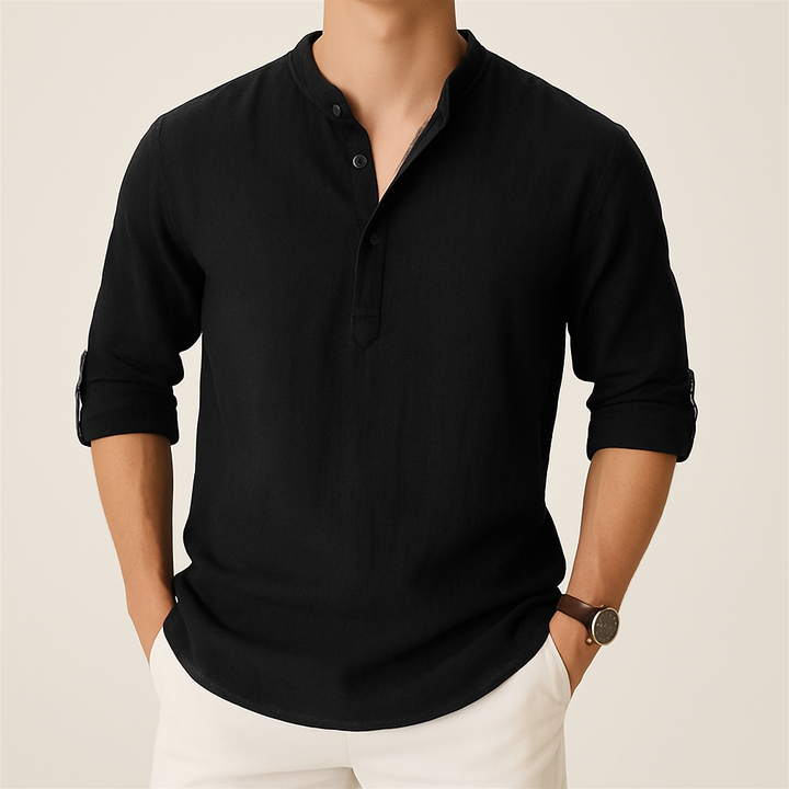 Camicia uomo estiva con bottoni, maniche lunghe. Design leggero e traspirante per un abbigliamento comodo.