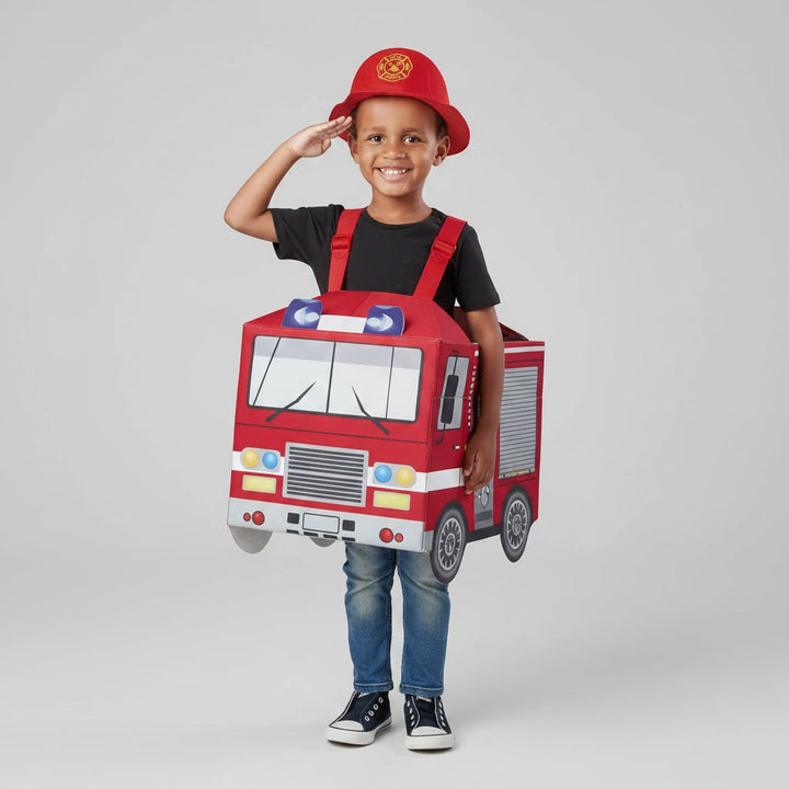 Bambino gioca a fare l'eroe con il costume da pompiere rosso, perfetto per Halloween e feste a tema.