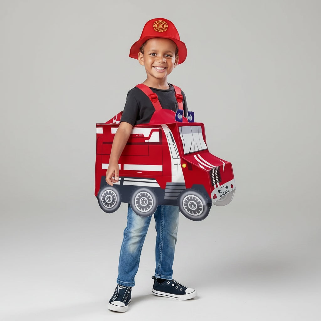 Costume da pompiere per bambino con strisce riflettenti sul retro, pronto per Halloween e divertimento.