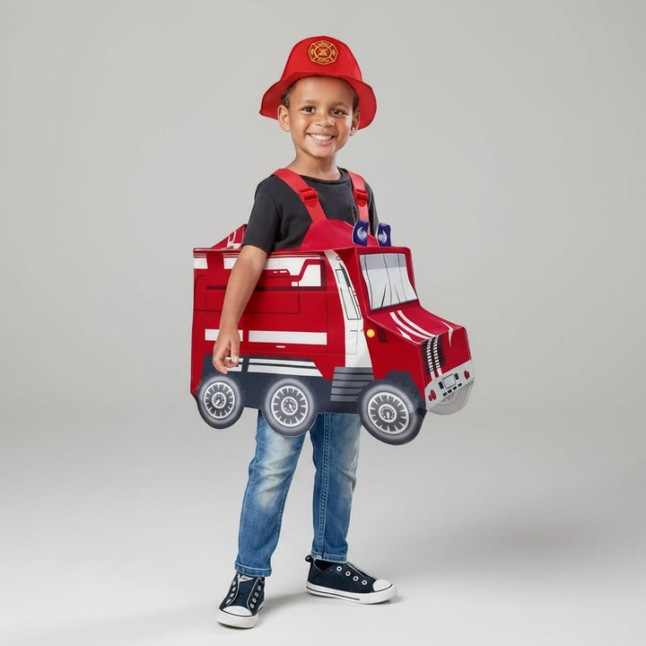 Costume da pompiere per bambino con strisce riflettenti sul retro, pronto per Halloween e divertimento.