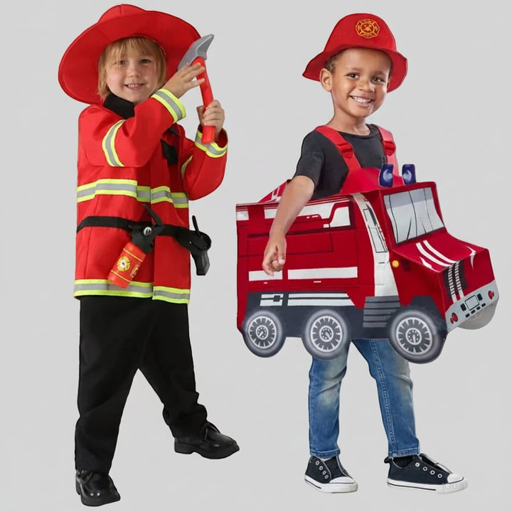 Costume completo da pompiere per bambino con giacca, pantaloni e casco, ottimo per feste e Halloween.