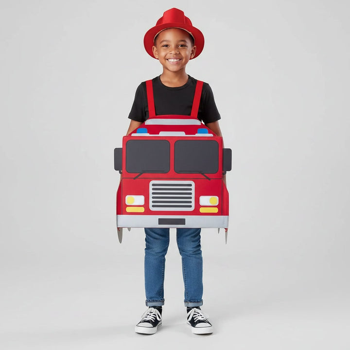 Bambino con costume da pompiere e camion giocattolo, pronto a spegnere incendi immaginari e salvare vite.