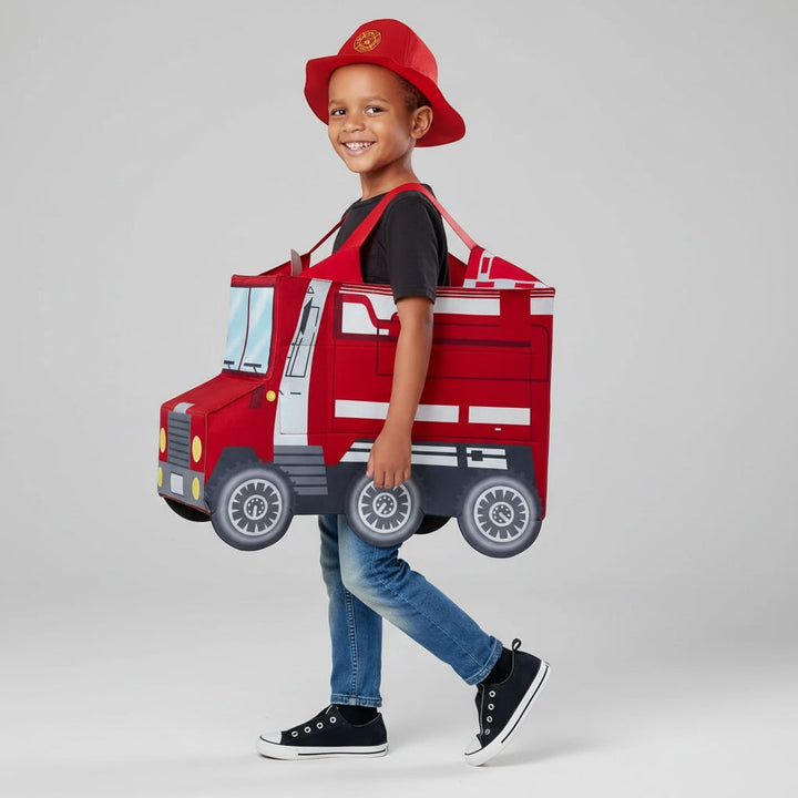 Costume da eroe pompiere per bambino, con colori vivaci e dettagli realistici, ideale per mascherate.