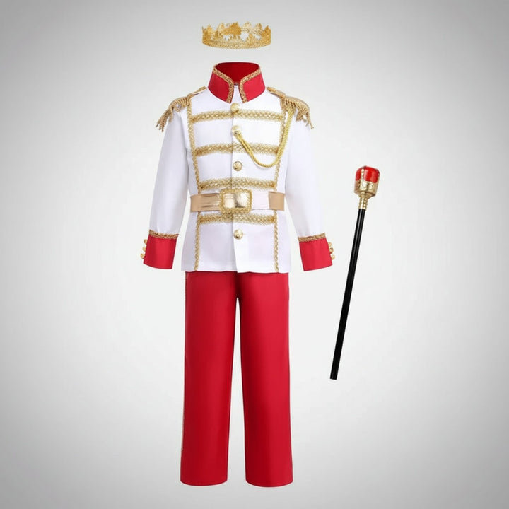 Elegante costume da principe per bambino con corona, scettro e mantello dorato, perfetto per carnevale e feste a tema.