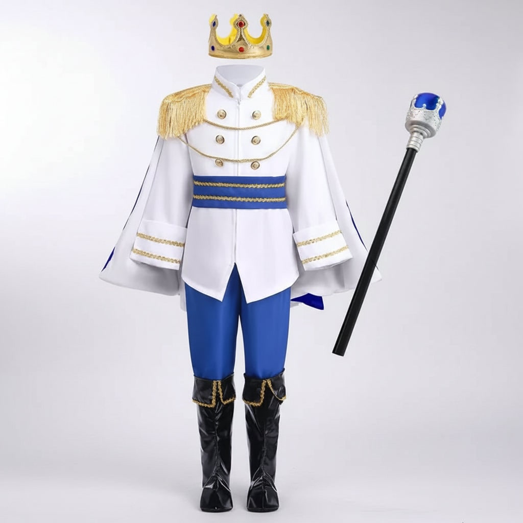 Dettaglio di corona dorata, scettro e mantello lucido del costume da principe bambino per travestimenti regali.