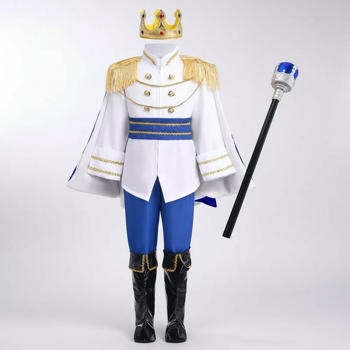 Dettaglio di corona dorata, scettro e mantello lucido del costume da principe bambino per travestimenti regali.