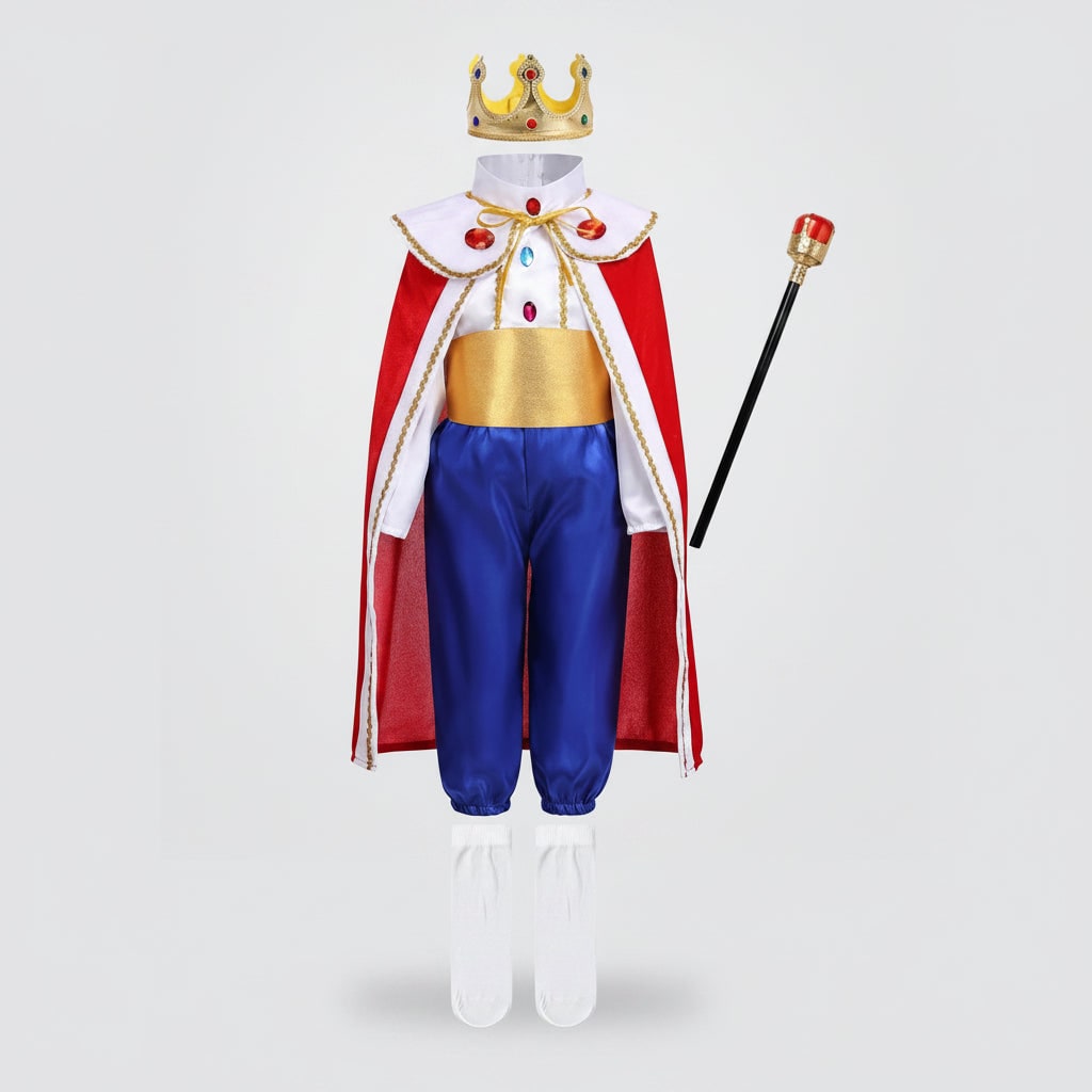 Costume da principe bambino con giacca blu-oro, pantaloni abbinati, corona, scettro e mantello, per feste e carnevale.