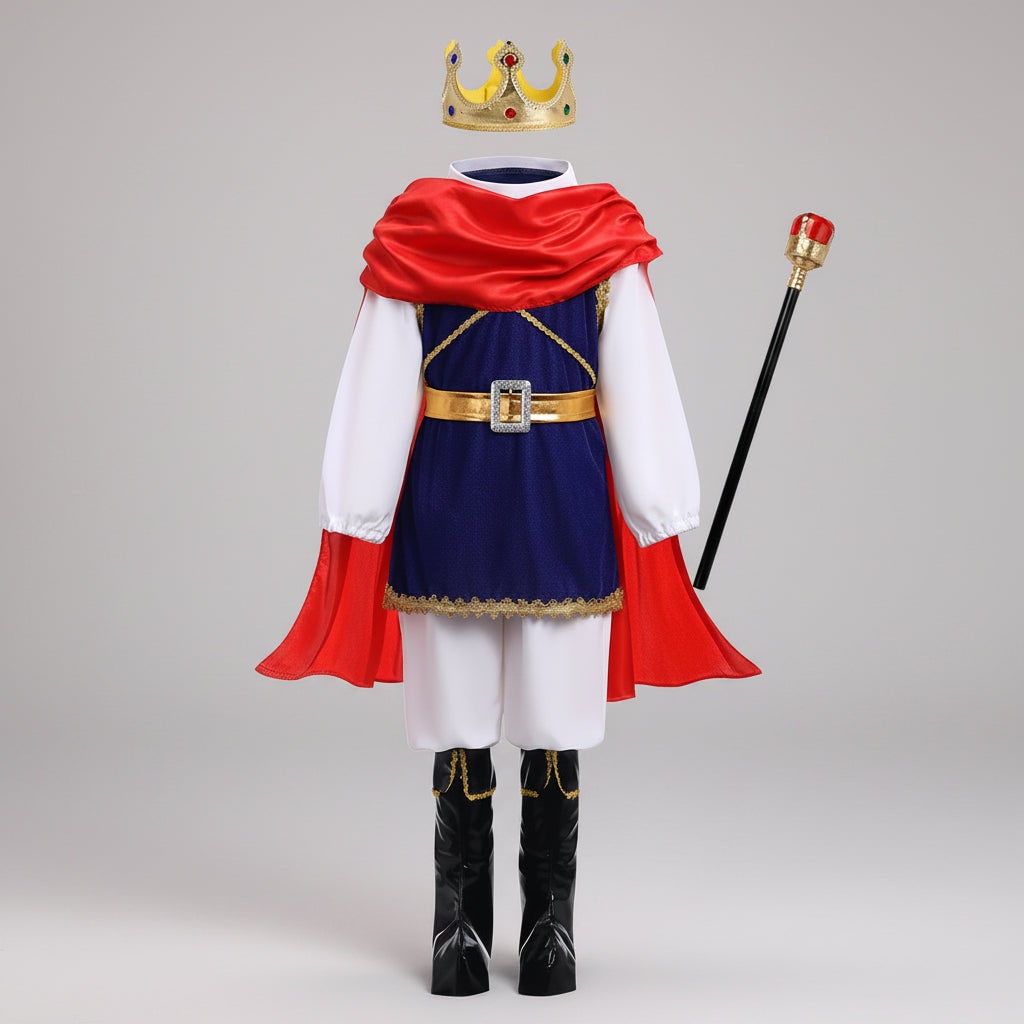 Mantello dorato scintillante e accessori del costume da principe per bambino, ideale per travestimenti e giochi di ruolo.