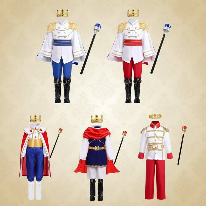 Costume completo da principe per bambino, include corona, scettro e mantello dorato, perfetto per ogni festa in maschera.