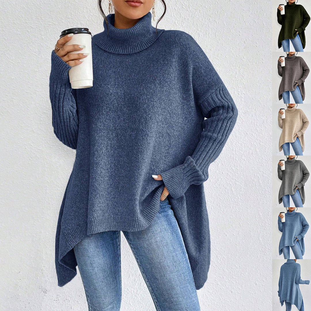 Maglione dolcevita donna ampio, design irregolare moderno per comfort e stile invernale.