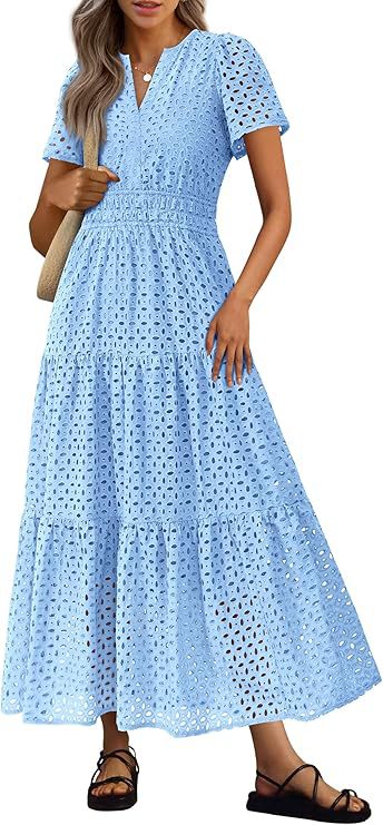 Abito lungo donna per vacanze, scollo a V, maniche corte. Fluido e confortevole per la spiaggia.