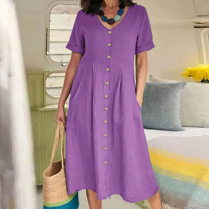 Abito midi estivo donna per uno stile rilassato, leggero, ampio e comodo, con girocollo.