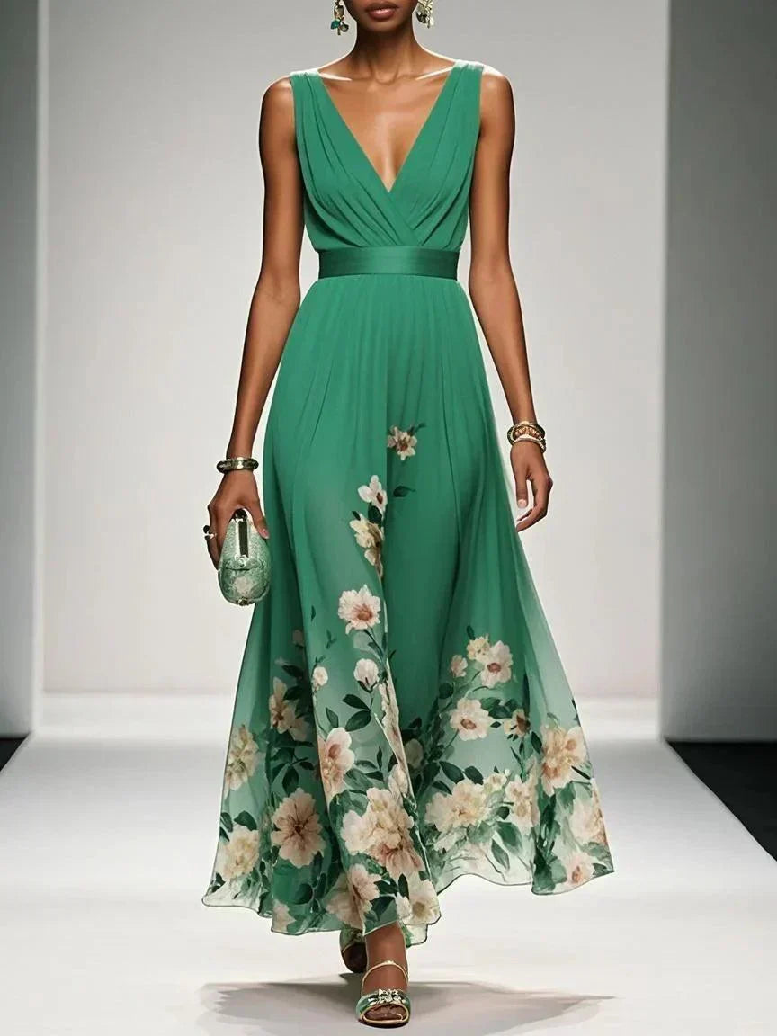 Vestito floreale donna per occasioni speciali, lungo, scollo V, ideale per cerimonie e serate.