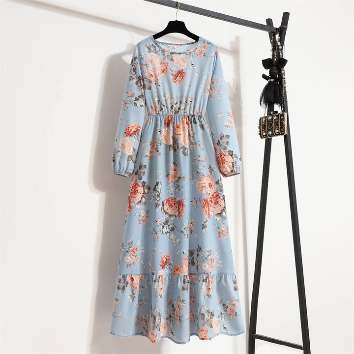 Abito lungo floreale da donna, scollo rotondo, silhouette a trapezio, perfetto per un'eleganza fluida.