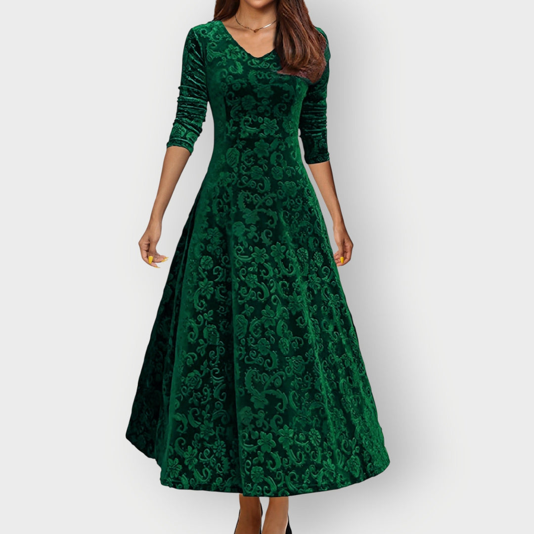 Elegante abito midi da donna per cerimonia, scollo a V e gonna svasata, ideale per serate speciali.