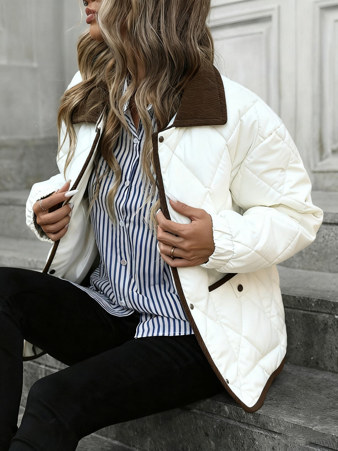 Comoda giacca trapuntata donna imbottita, marrone caffè con collo a contrasto, unisce stile e calore elegante.