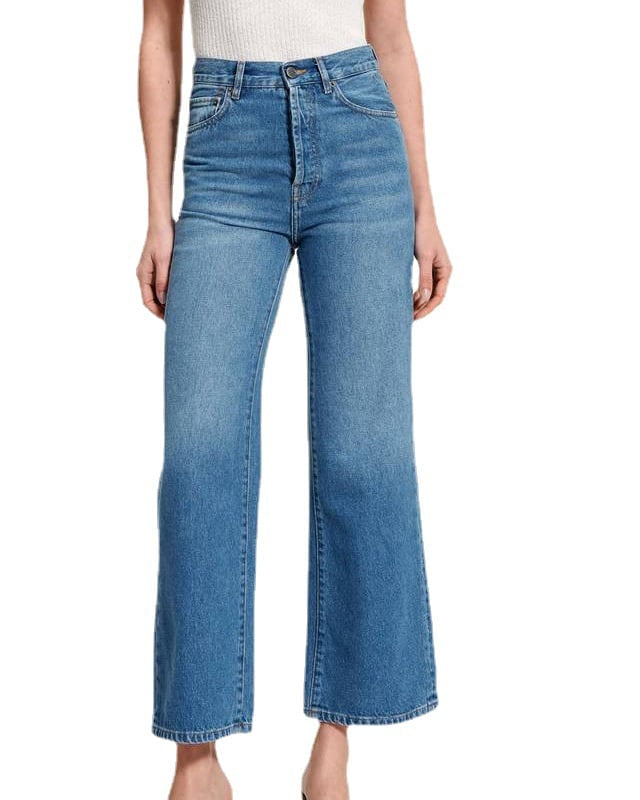Jeans donna vita alta retrò, gamba dritta cropped. Perfetto per la moda primaverile e look casual eleganti.