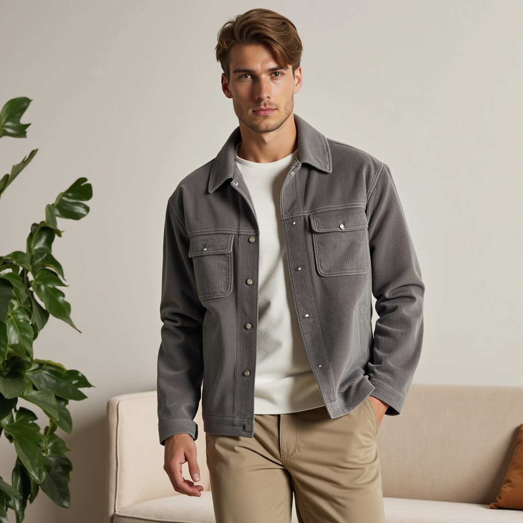 Giacca classica uomo a coste, elegante per autunno/inverno. Abbigliamento maschile versatile e di moda.
