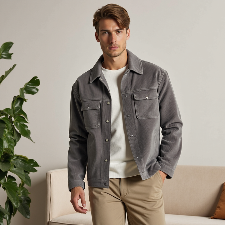 Giacca classica uomo a coste, elegante per autunno/inverno. Abbigliamento maschile versatile e di moda.