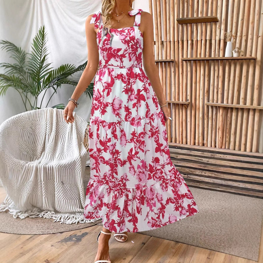Elegante vestito midi blu da donna stampato con pizzo, ideale per spiaggia e moda estiva casual.