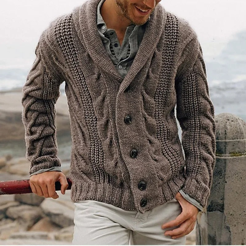Maglione cardigan da uomo classico con bottoni, perfetto per un look elegante autunnale e massimo comfort.
