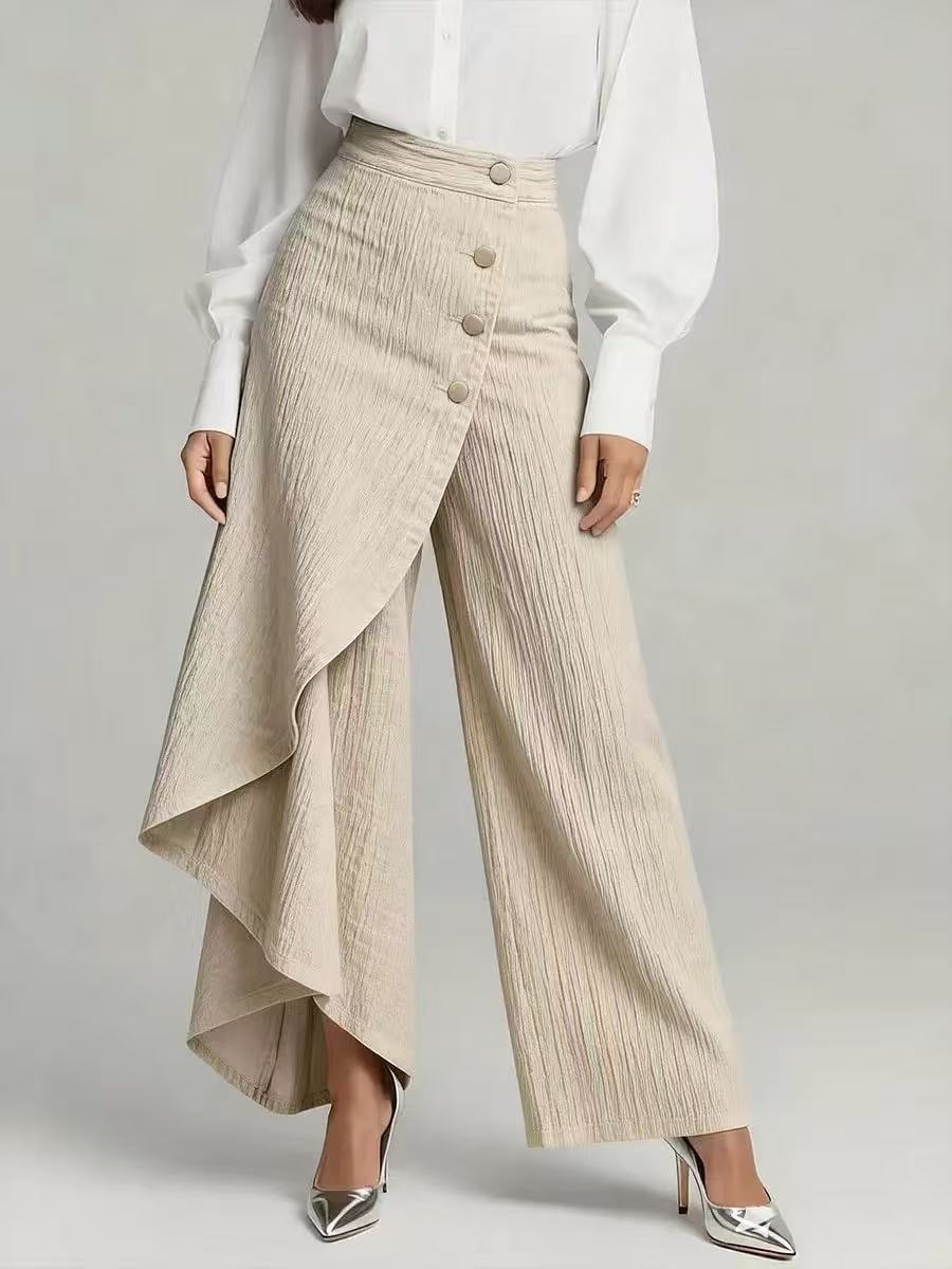 Pantaloni donna vita alta, gamba dritta, effetto denim, con bottoni, look versatile e facile da abbinare.