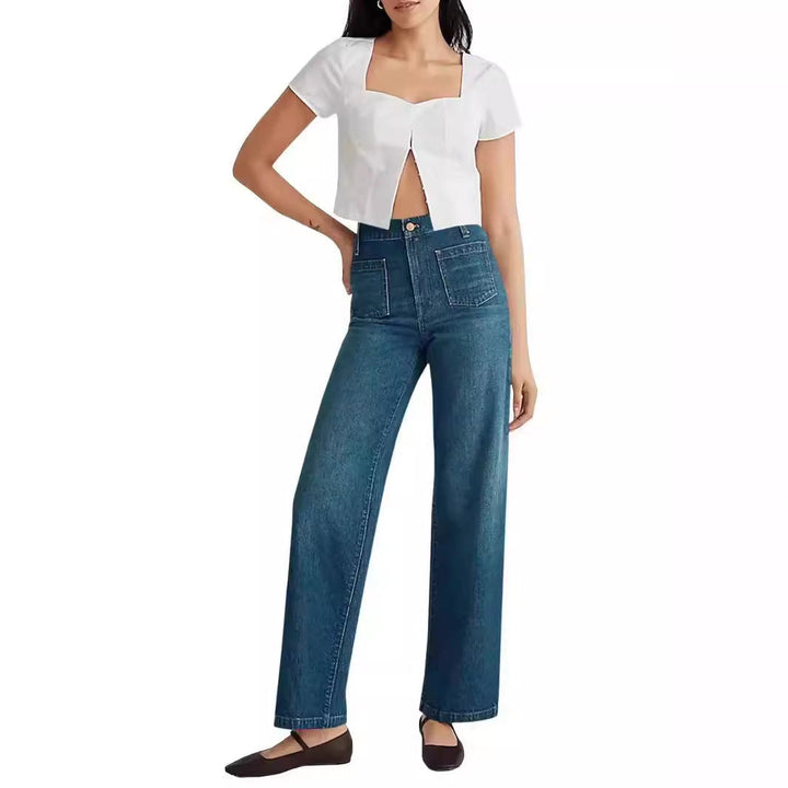 Jeans donna a vita alta strappati, vestibilità larga e comoda in blu denim per outfit alla moda.