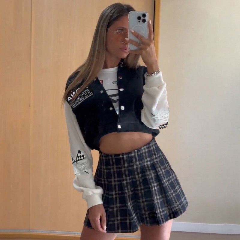 Giacca casual donna baseball patchwork, design stile varsity per le giornate fredde autunno inverno.