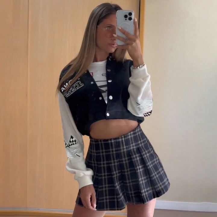 Giacca casual donna baseball patchwork, design stile varsity per le giornate fredde autunno inverno.