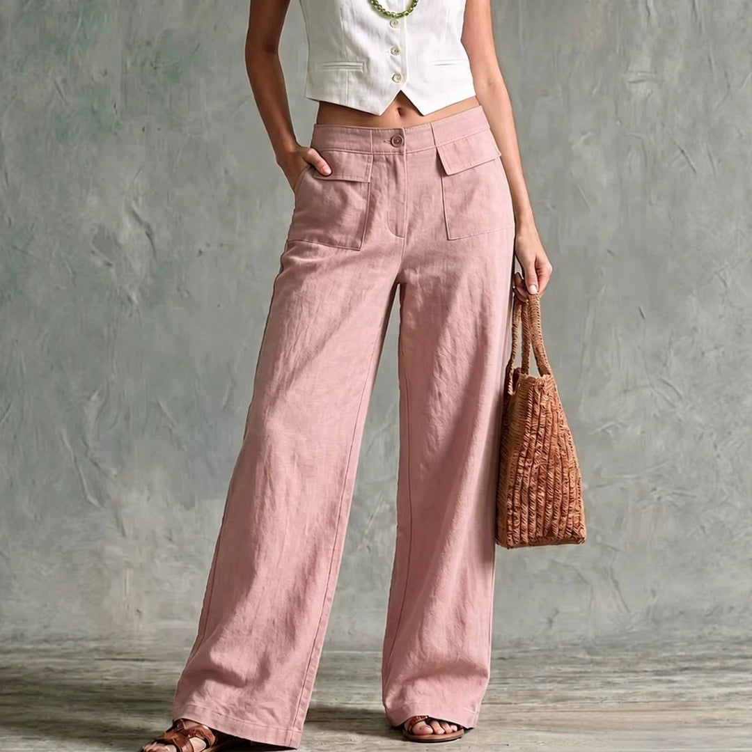 Pantaloni eleganti donna larghi a vita alta, tinta unita, perfetti per look primaverili estivi.