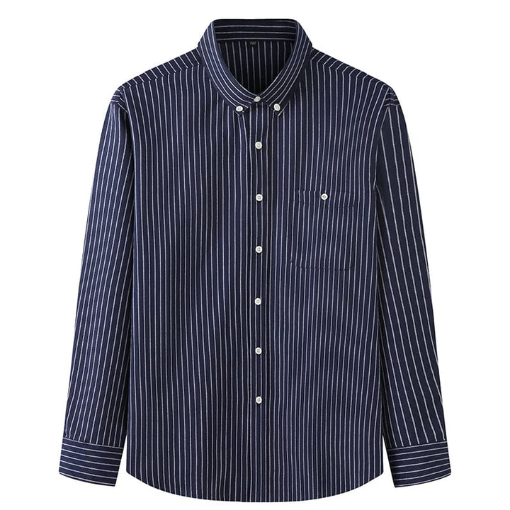 Camicia uomo a maniche lunghe a righe, vestibilità comoda primaverile. Look casual ed elegante per abbigliamento maschile.