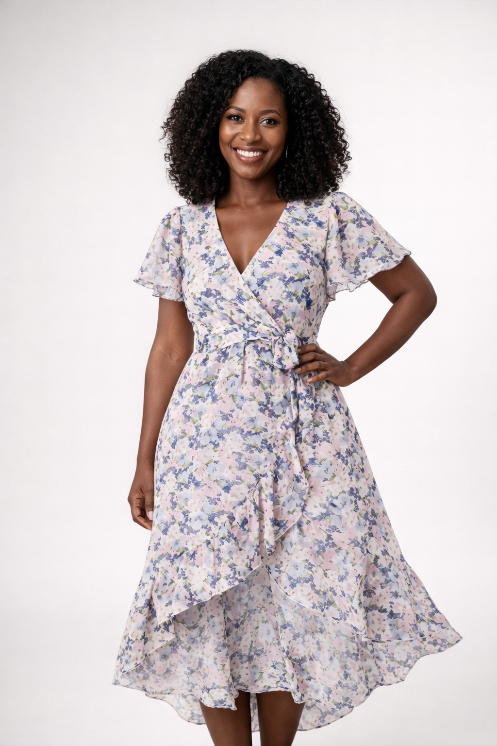 Moda primavera estate: abito midi donna con stampe floreali vivaci e moderne.