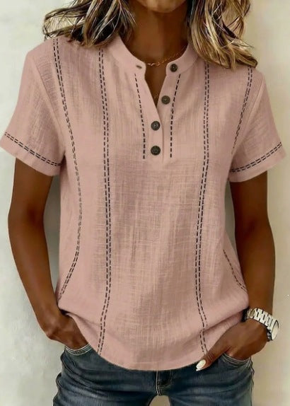 Blusa donna casual chic, maniche corte, colletto coreano e motivo a righe. Perfetta primavera estate.
