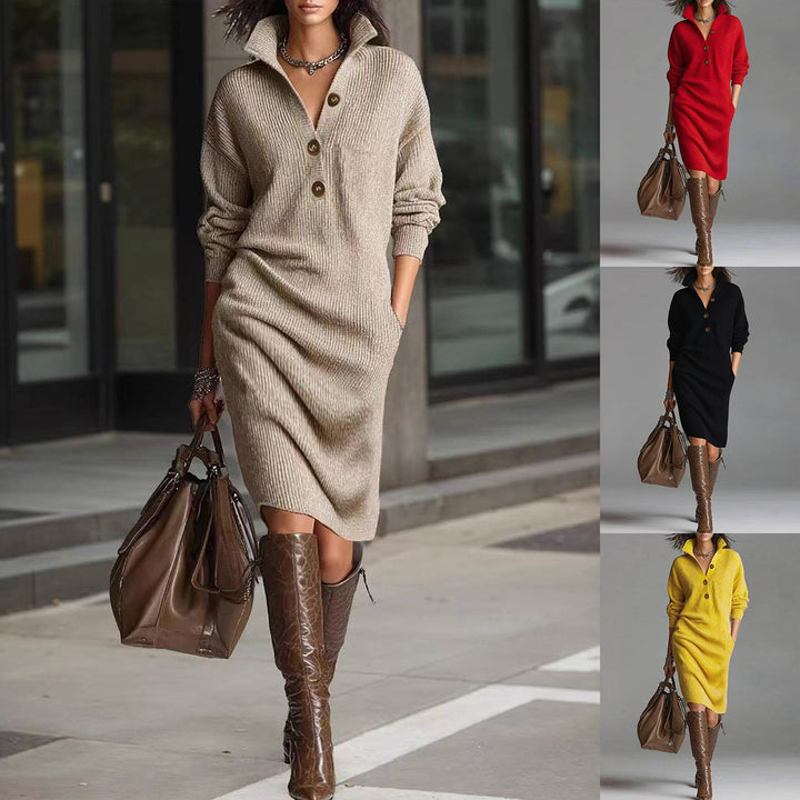 Abito in maglia donna lungo, elegante, con scollo a V e bottoni. Perfetto per autunno/inverno, look chic.