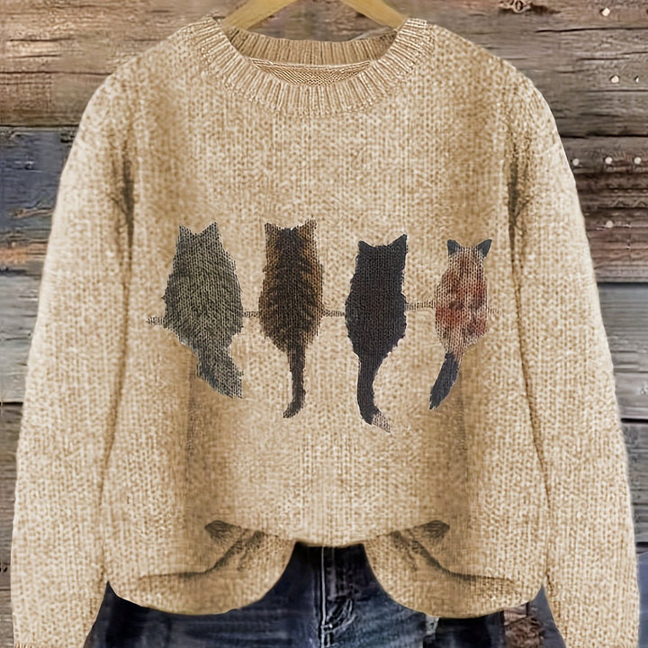 Maglione viola donna oversize con gatti, girocollo. Look casual e accogliente per l'inverno.