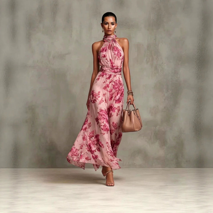 Moda femminile: abito maxi elegante con stampa accattivante e collo allacciato. Vestito lungo versatile per vacanze o sera.