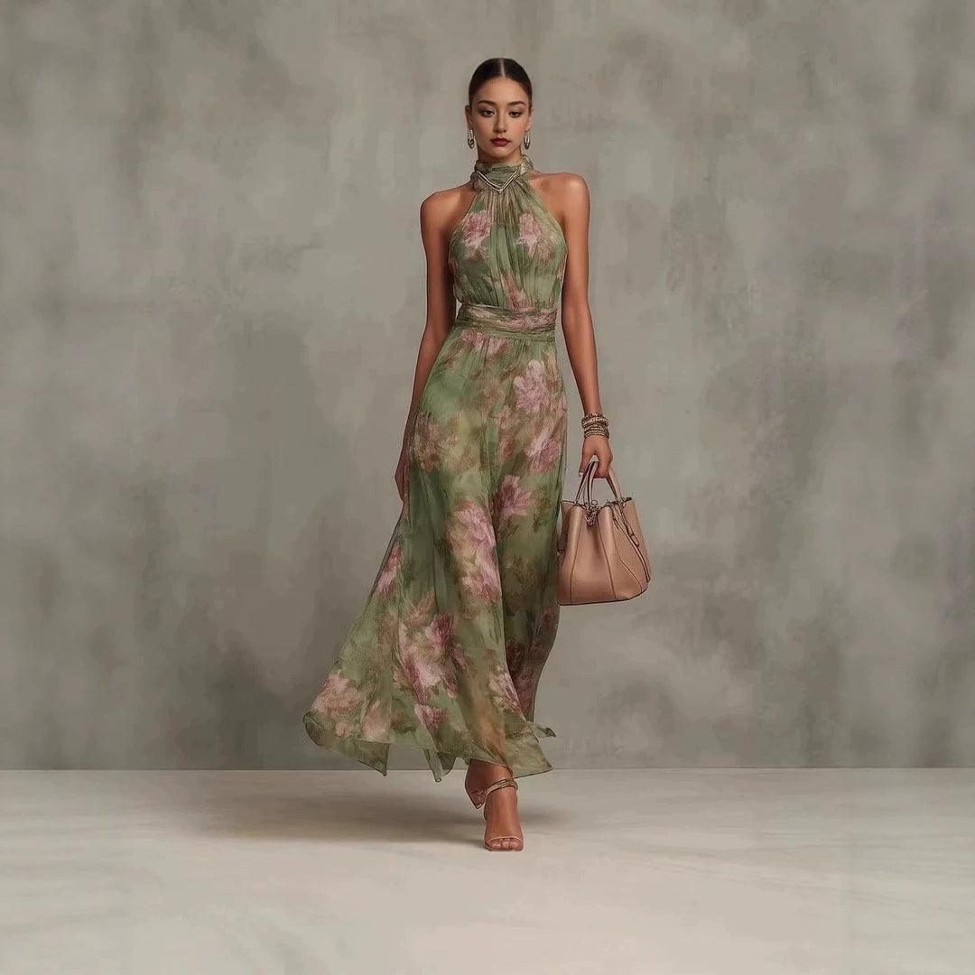 Abito maxi elegante da donna con stampa vivace e collo allacciato, ideale per serate estive, vacanze e moda femminile.