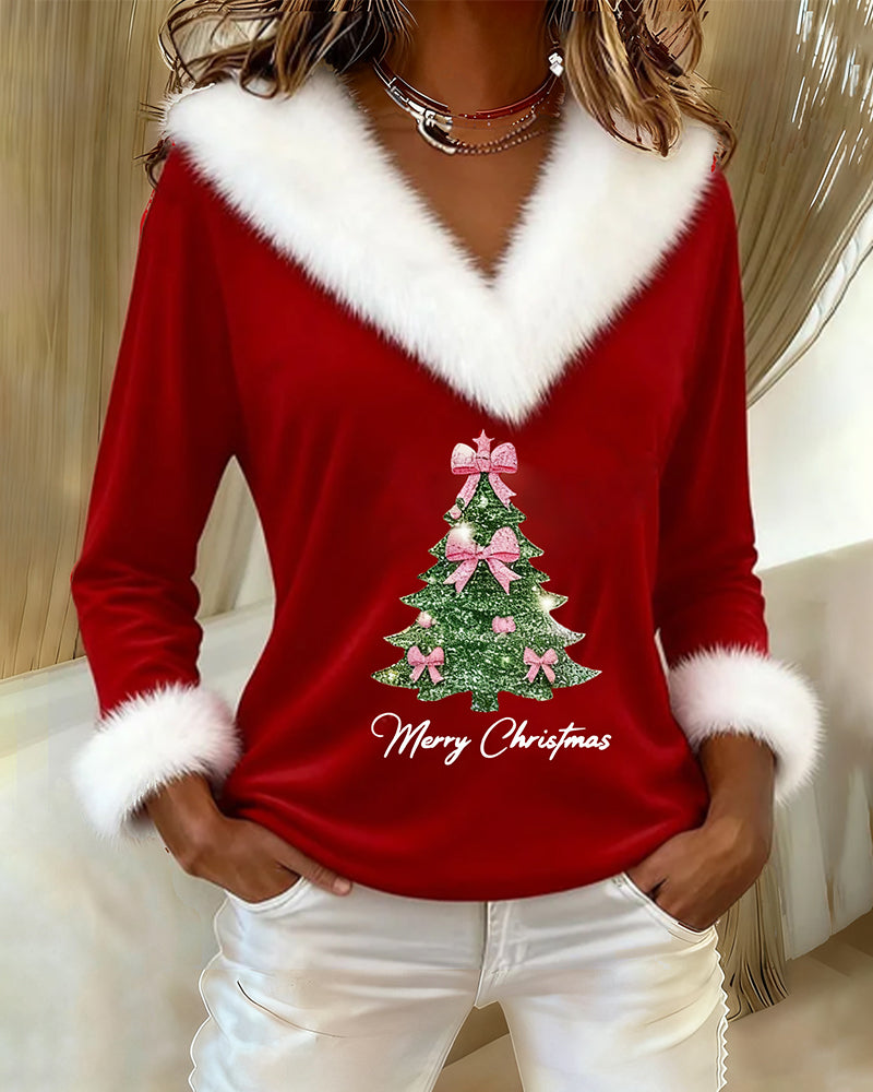 Elegante top donna casual con scollo a V e stampa festiva. Perfetto per un look alla moda e confortevole.
